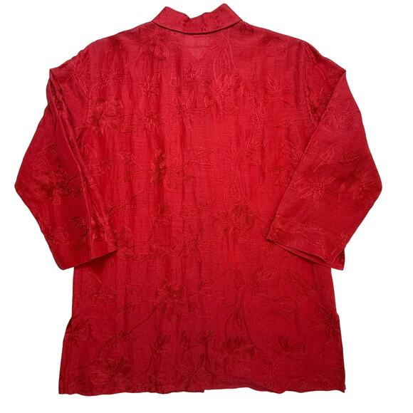 Vintage Chico’s Design Red Linen Silk Blend Floral Embroidered Shirt Size 1 - Picture 2 of 16
